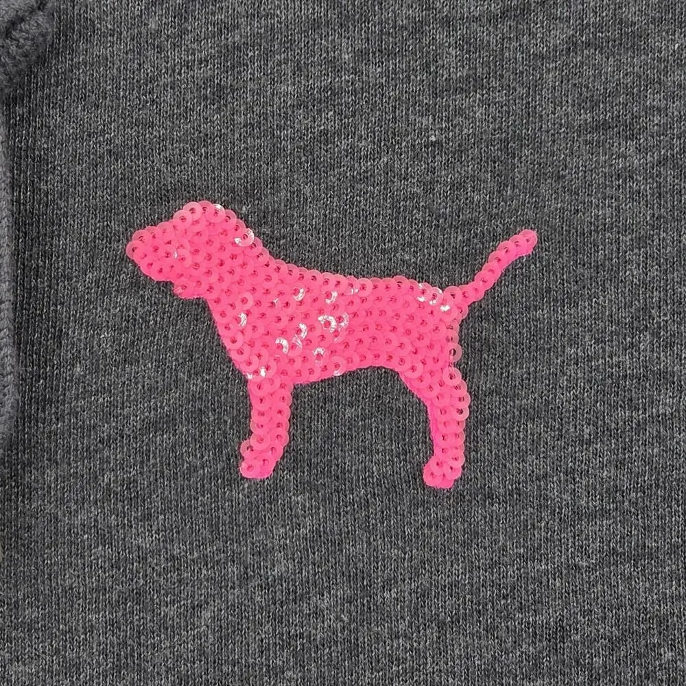 PINK Victoria's Secret Gray Neon Dog Logo Sequin Bling Full Zip Hoodie Medium